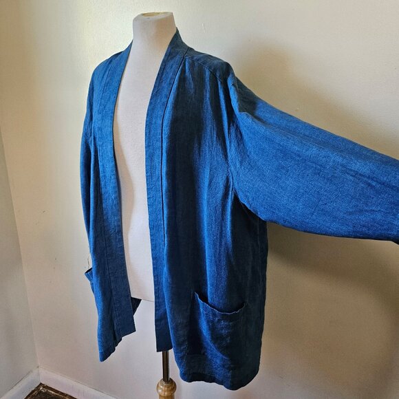 J. Jill Pure Indigo Dyed Blue Linen Cardigan Kimono Open Front Jacket 4X Plus - Picture 3 of 6